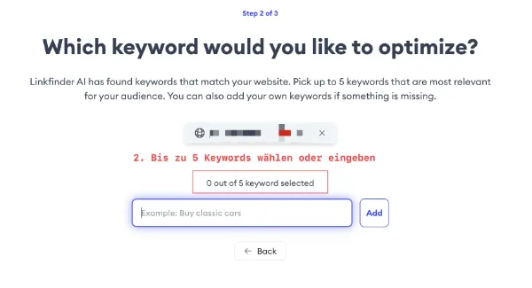 Der Linkbroker AI Linkfinder Screenshot 2 hier die Keywords eingeben